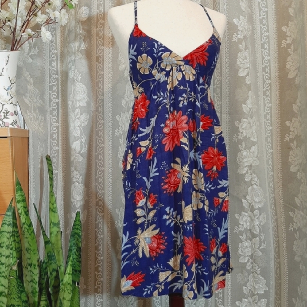 Oysho Floral Spaghetti Strap Dress - Blue and Red Large